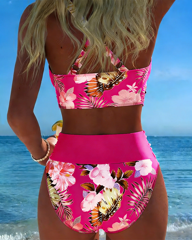 Hinari – Zestaw Bikini w Kwiatowy Wzór z Wysokim Stanem