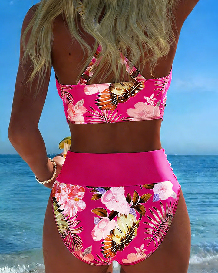Hinari – Zestaw Bikini w Kwiatowy Wzór z Wysokim Stanem
