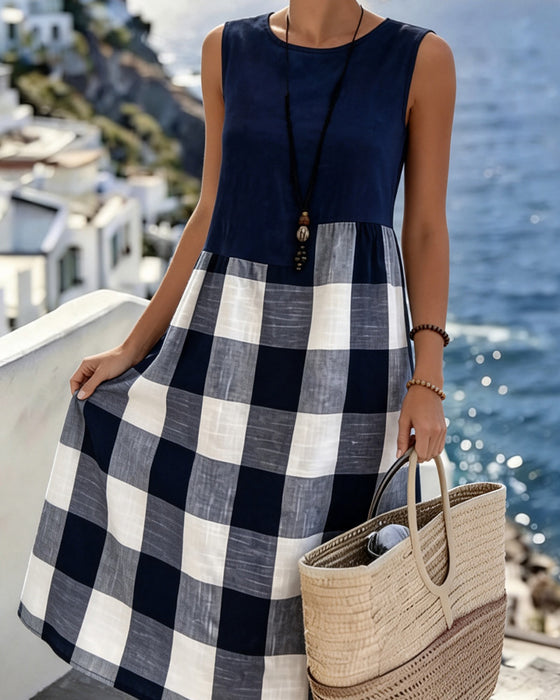 Suzina – sukienka bez rękawów w kratę w stylu patchwork