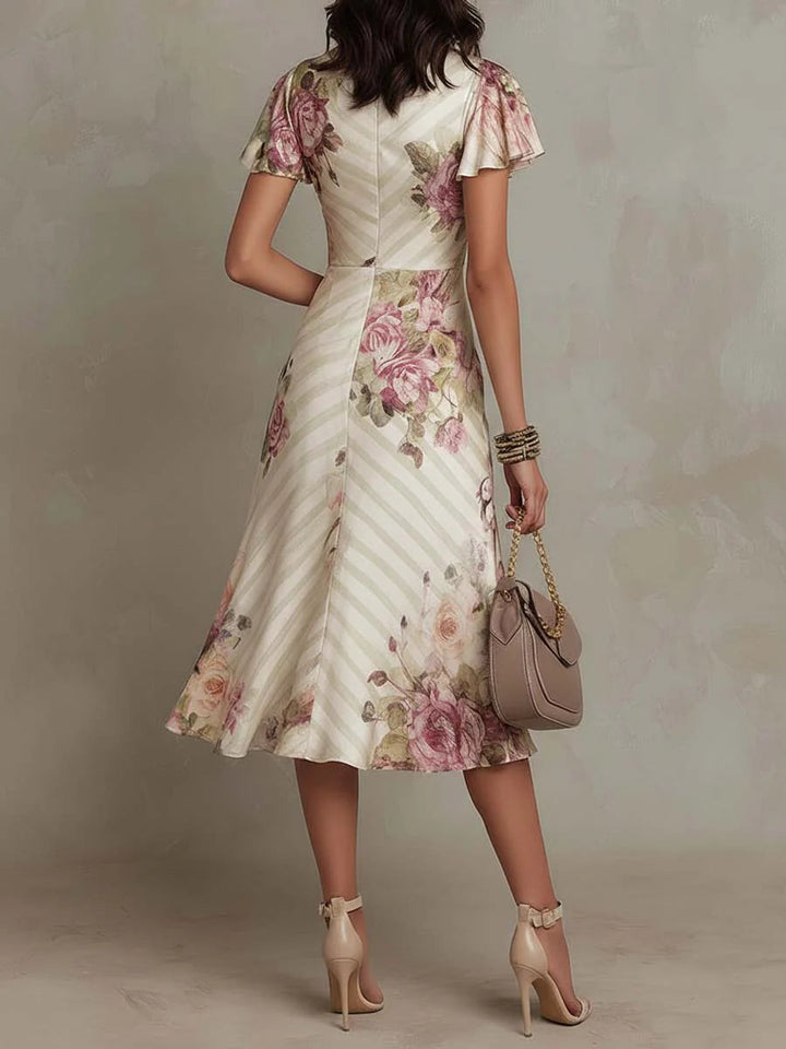 Neomi – Elegancka Satynowa Sukienka w Stylu Retro z Kwiatowym Wzorem