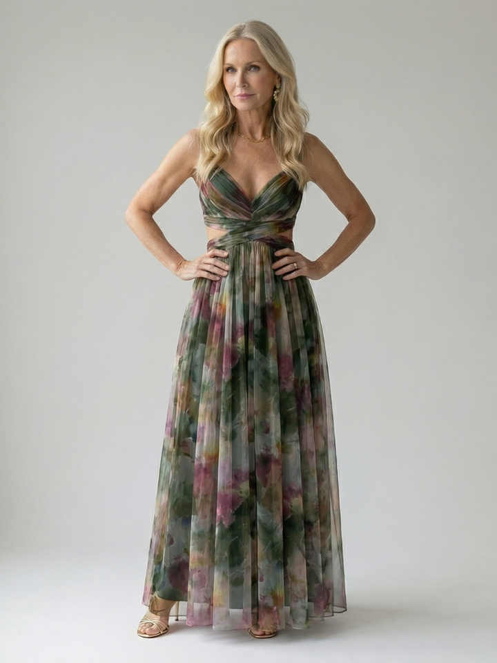 Xeenia – StylowaSukienka Maxi z Szyfonu z Wycięciami
