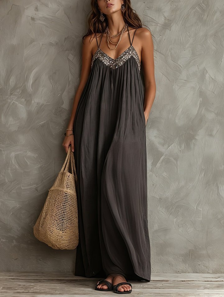 Noreene – Swobodna, Tkana Sukienka Maxi z Dekoltem w Kształcie Litery V