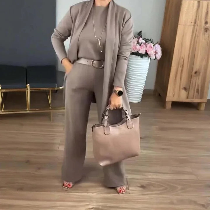Zivara - Elegancki 3-Częściowy Zestaw z Długim Kardiganem, Bluzką i Spodniami