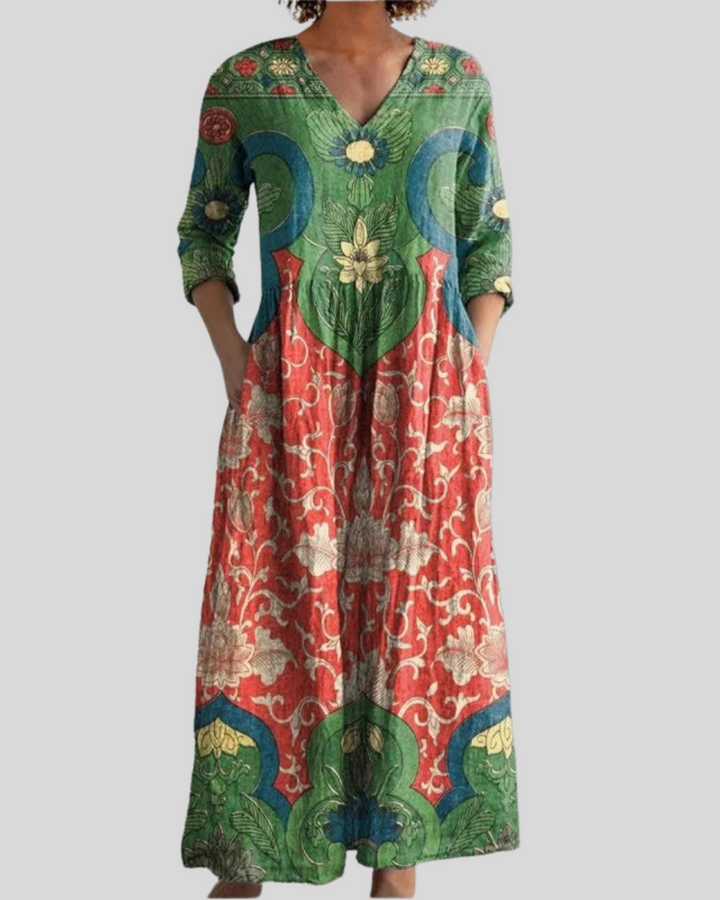 Bernadine – Sukienka maxi w stylu Vintage z Kwiatowym Wzorem