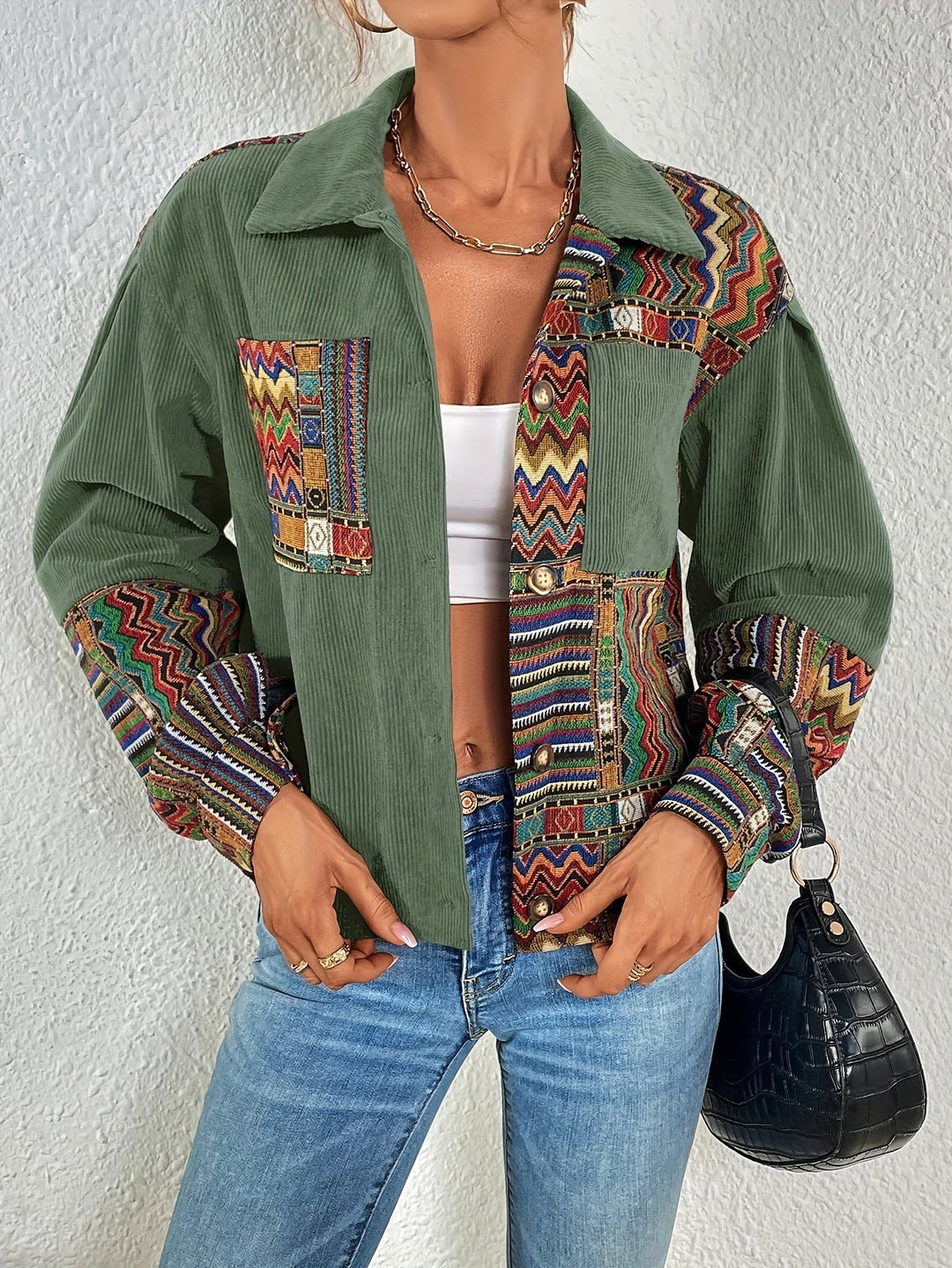 Amelina – Kurtka Z Sztruksu W Stylu Boho Z Patchworkiem, Zapinana Na Guziki