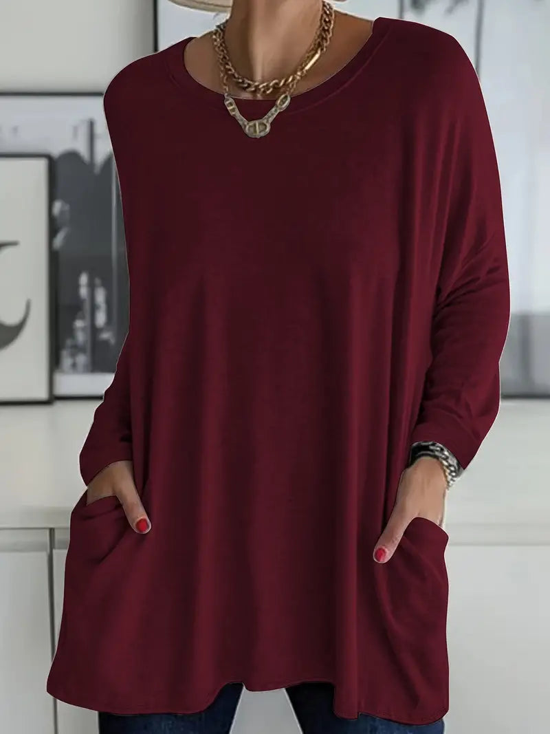 Noryn – Sweter Oversize z Okrągłym Dekoltem i Kieszeniami