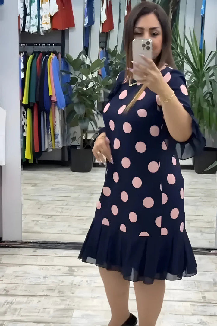 Gigi – Sukienka Midi w Groszki z Rozkloszowanymi Rękawami