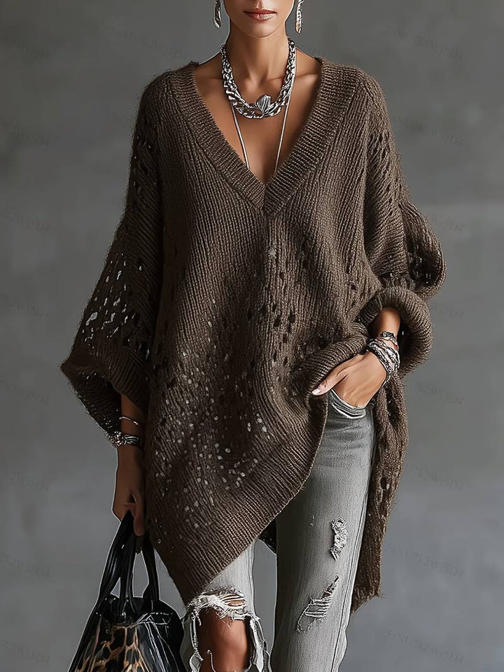 Bimashi - Luźny Sweter z Długim Rękawem i Dekoltem w Serek