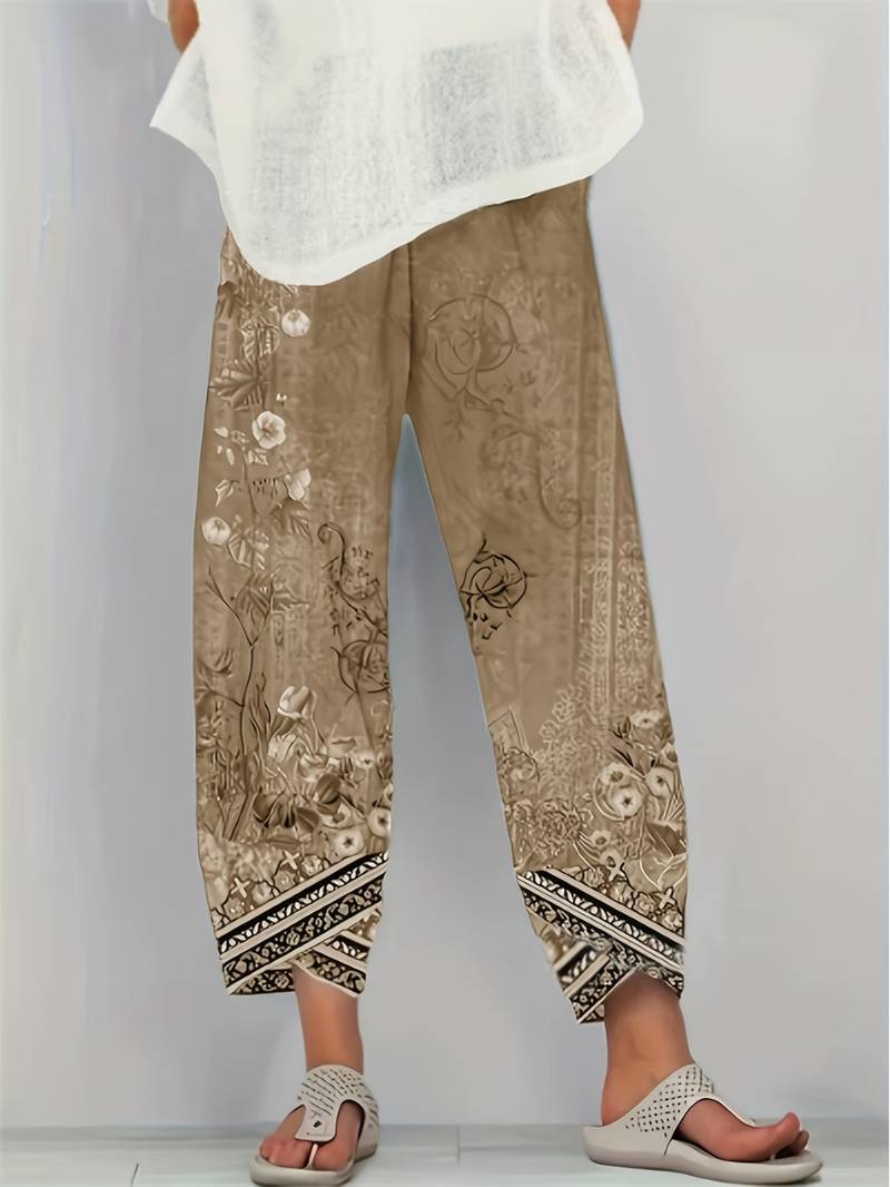 Thimasha - Spodnie Capri w Stylu Vintage w Kwiatowy Wzór z Elastycznym Paskiem