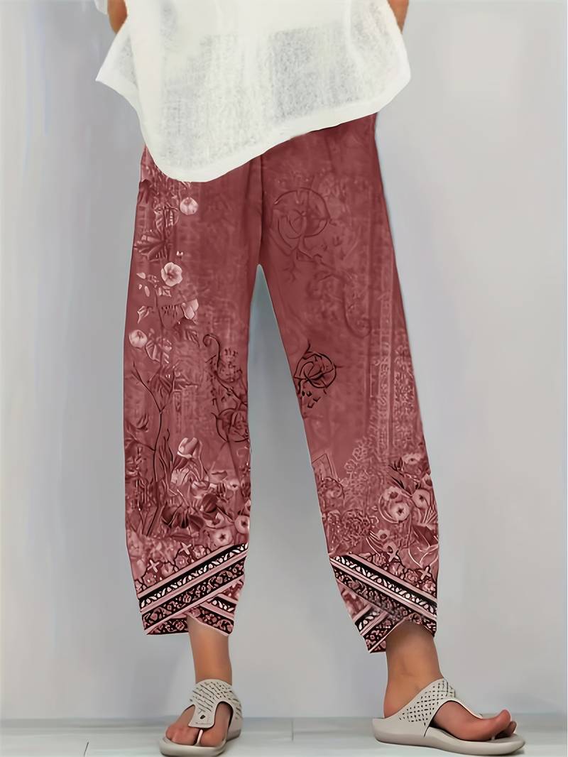 Thimasha - Spodnie Capri w Stylu Vintage w Kwiatowy Wzór z Elastycznym Paskiem