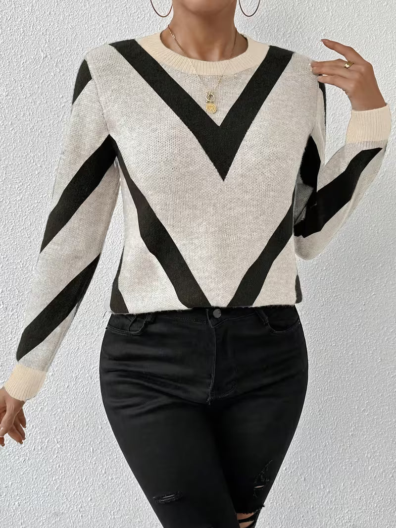 Minaza – Sweter Z Okrągłym Dekoltem I Geometrycznym Wzorem