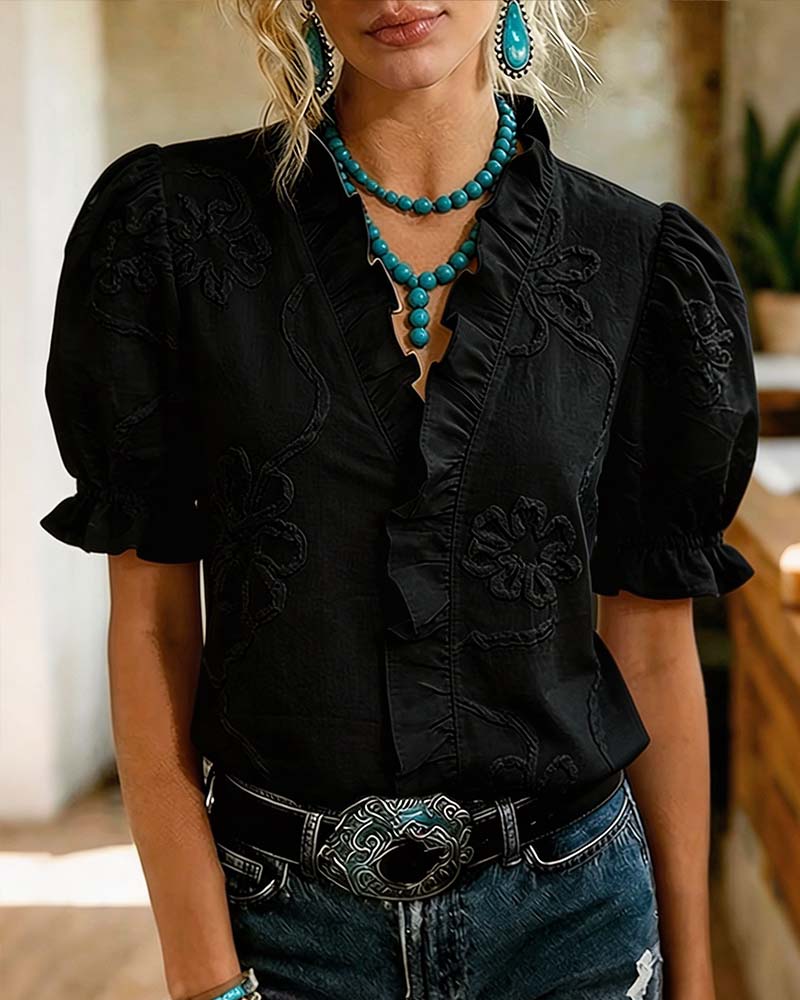 Lillynn - Bluzka Z Dekoltem W Serek Falbaną I Bufiastymi Rękawami