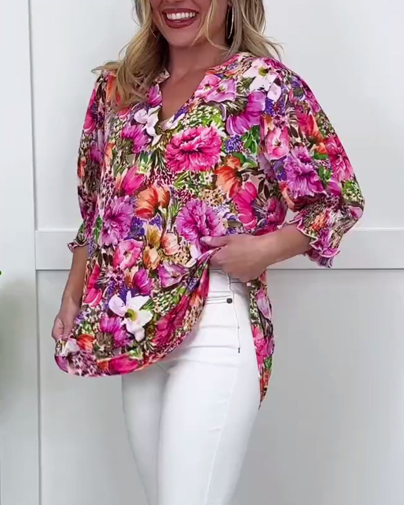 Niliza – Bluzka w Kwiaty z Krótkim Rękawem