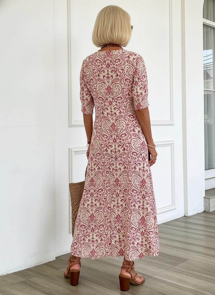 Zarmina – Elegancka Długa Sukienka z Nadrukiem w Stylu Boho