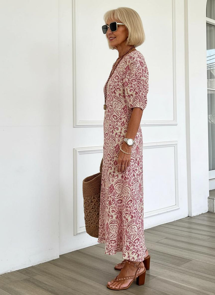 Zarmina – Elegancka Długa Sukienka z Nadrukiem w Stylu Boho