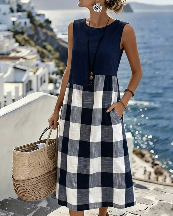Suzina – sukienka bez rękawów w kratę w stylu patchwork