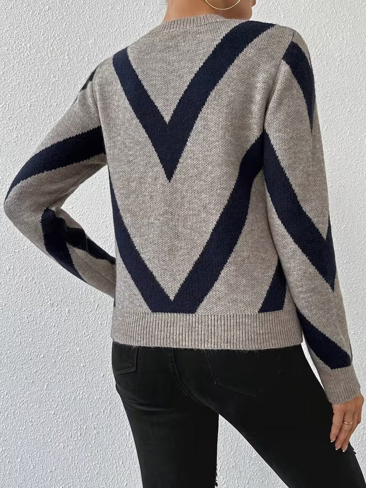 Minaza – Sweter Z Okrągłym Dekoltem I Geometrycznym Wzorem