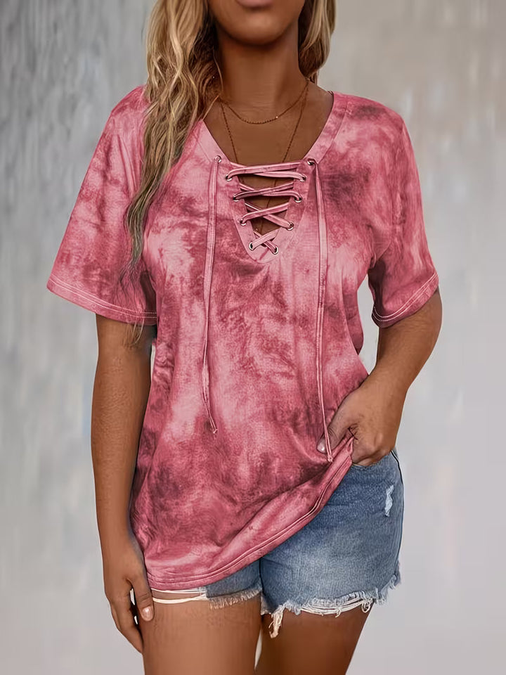 Rihanna – Koszulka z Dekoltem w Serek i Wiązaniem, w Stylu Tie-Dye