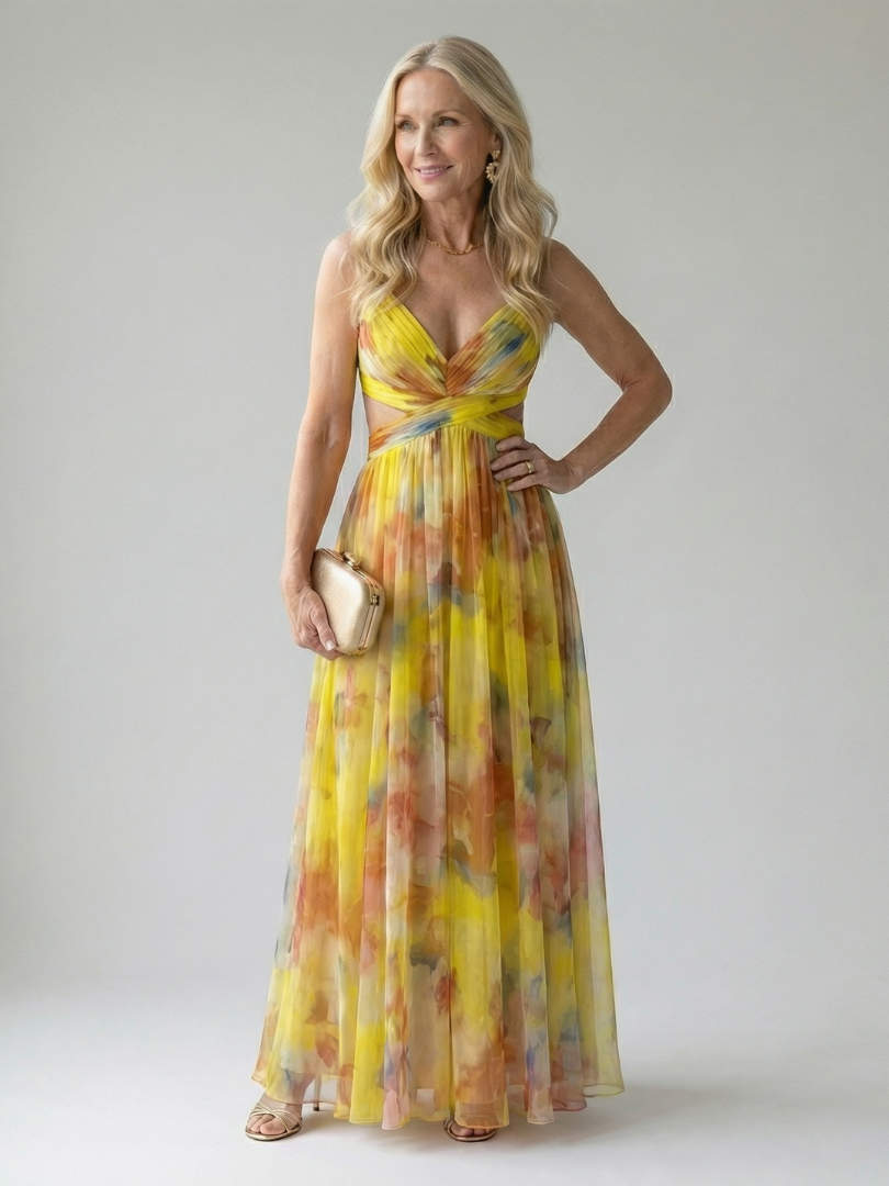 Xeenia – StylowaSukienka Maxi z Szyfonu z Wycięciami