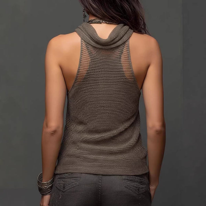 Anjila – Dwuwarstwowy Top z Dzianiny Siateczkowej w Stylu Halter