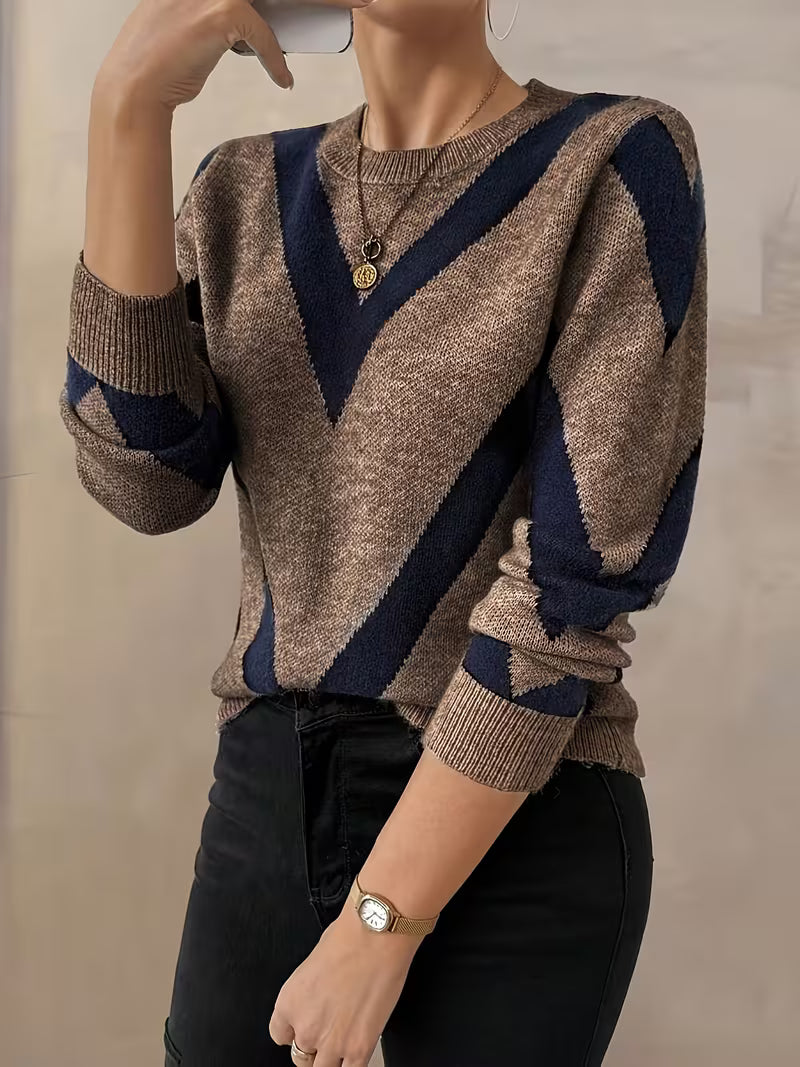 Minaza – Sweter Z Okrągłym Dekoltem I Geometrycznym Wzorem