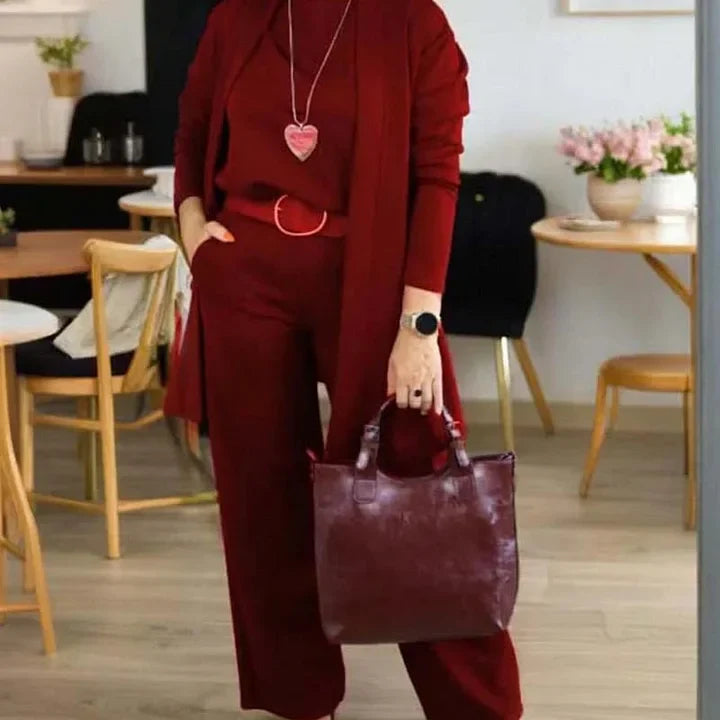 Zivara - Elegancki 3-Częściowy Zestaw z Długim Kardiganem, Bluzką i Spodniami