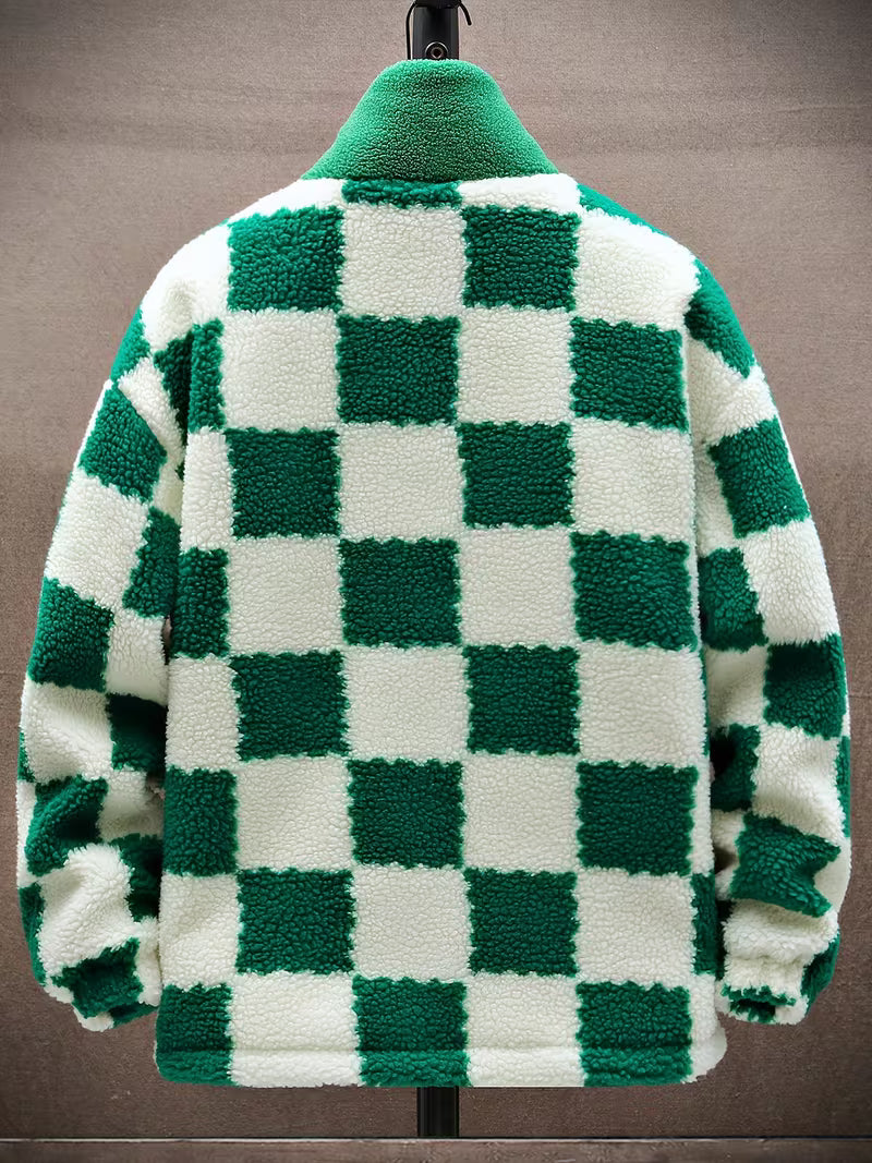 Melany – Bluza Polarowa w Kratkę z Kapturem i Zamkiem