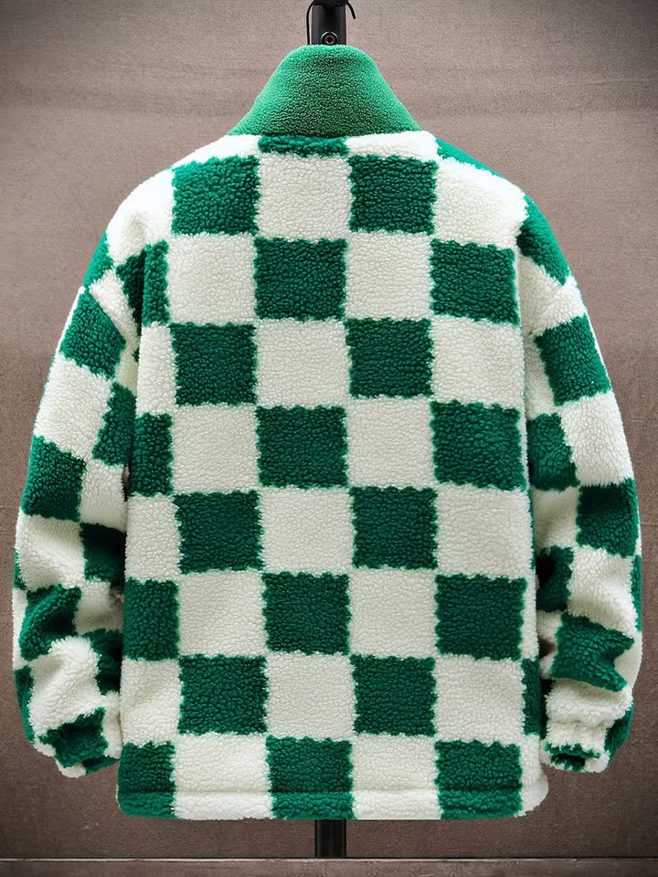 Melany – Bluza Polarowa w Kratkę z Kapturem i Zamkiem