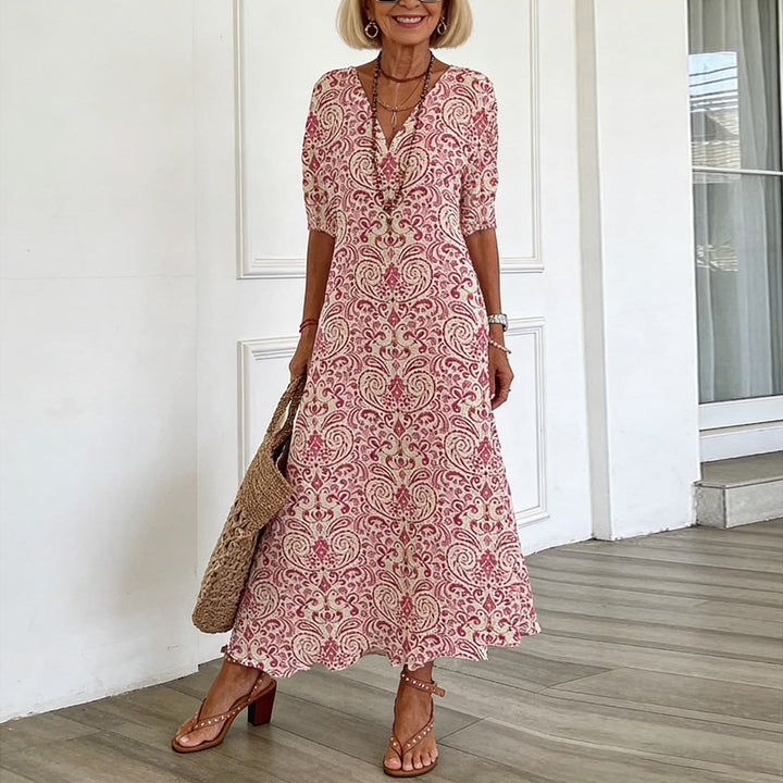 Zarmina – Elegancka Długa Sukienka z Nadrukiem w Stylu Boho
