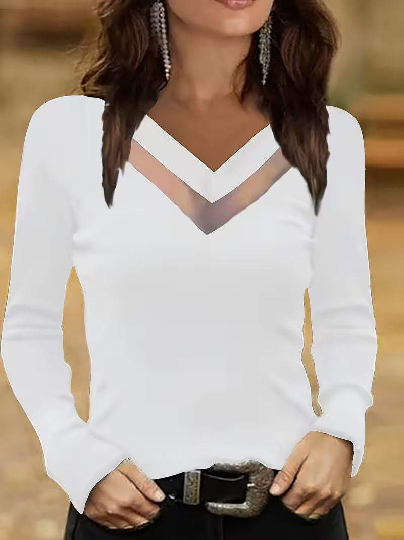 Mesha – Bluzka Z Długim Rękawem I Siateczkową Wstawką Przy Dekolcie W Kształcie Litery V
