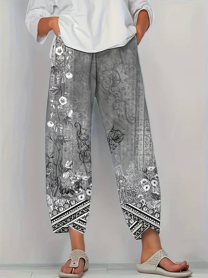 Thimasha - Spodnie Capri w Stylu Vintage w Kwiatowy Wzór z Elastycznym Paskiem