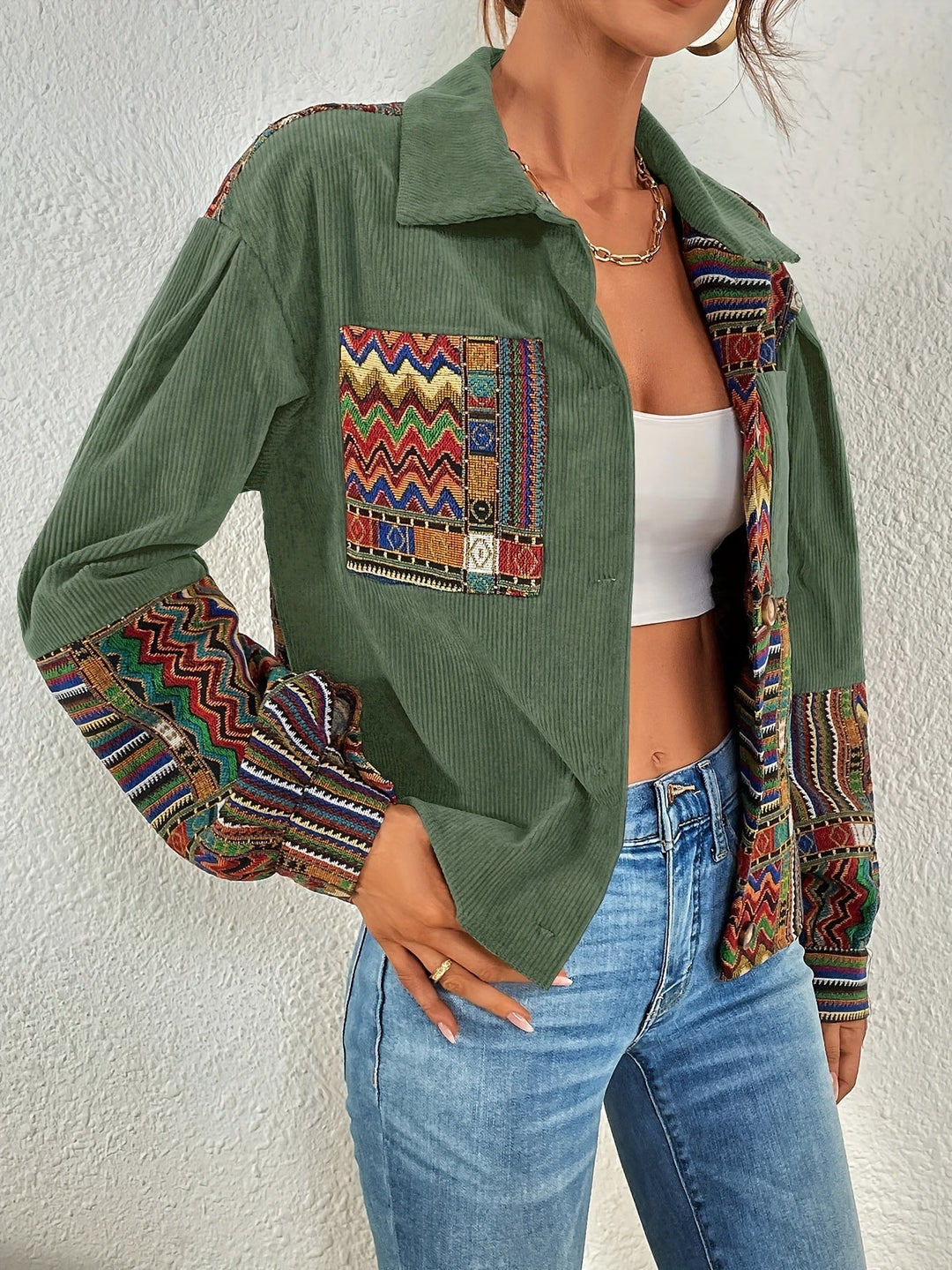 Amelina – Kurtka Z Sztruksu W Stylu Boho Z Patchworkiem, Zapinana Na Guziki