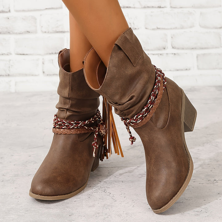 Asenath - Eleganckie Buty Na Grubym Obcasie Z Warkoczowym Wykończeniem