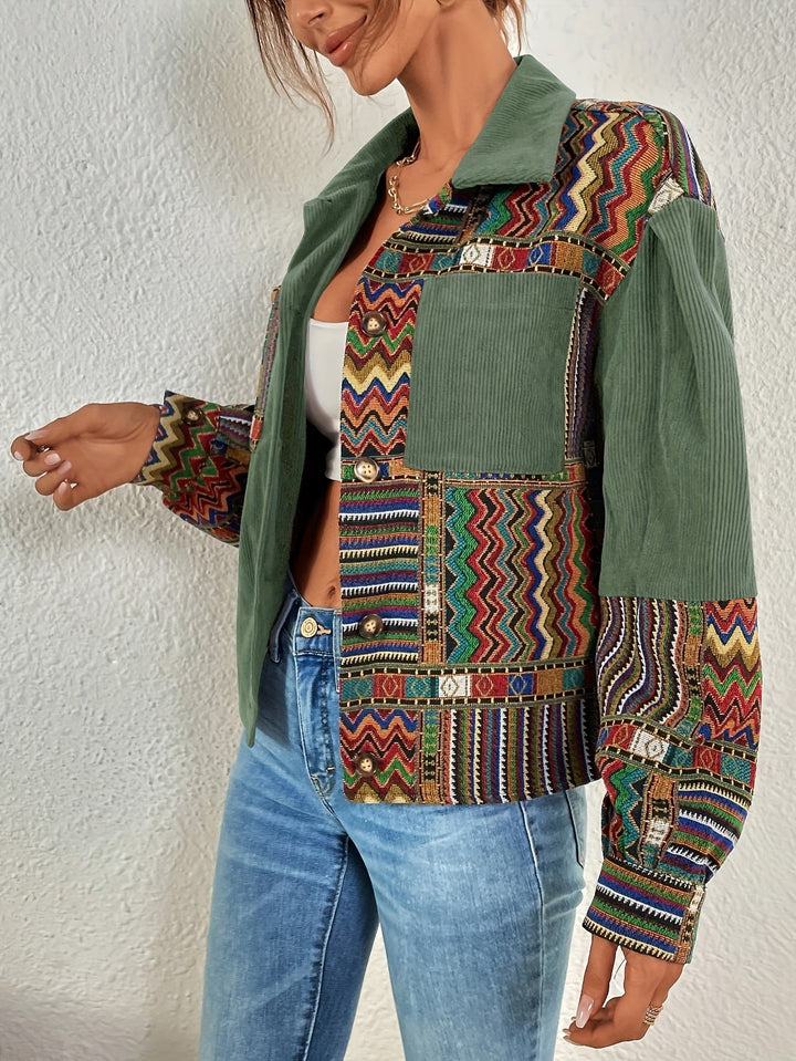 Amelina – Kurtka Z Sztruksu W Stylu Boho Z Patchworkiem, Zapinana Na Guziki