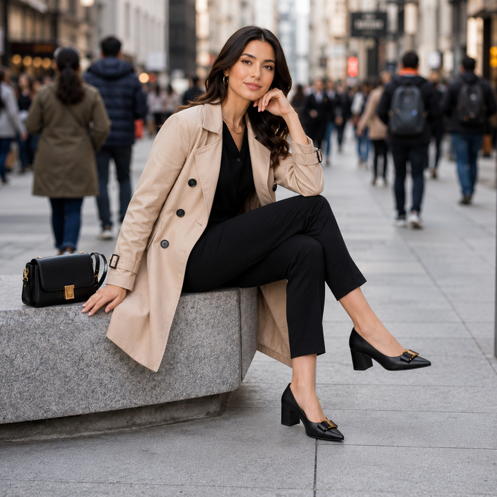 Hadeel - Buty Z Ostrym Czubkiem I Grubym Obcasem, Z Kokardką Przy Klamrze