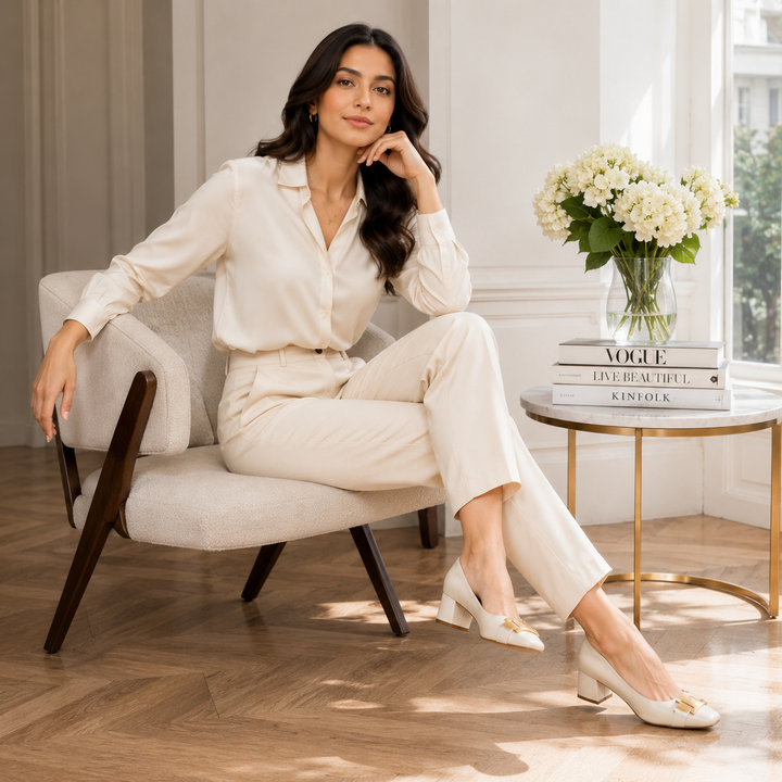 Hadeel - Buty Z Ostrym Czubkiem I Grubym Obcasem, Z Kokardką Przy Klamrze