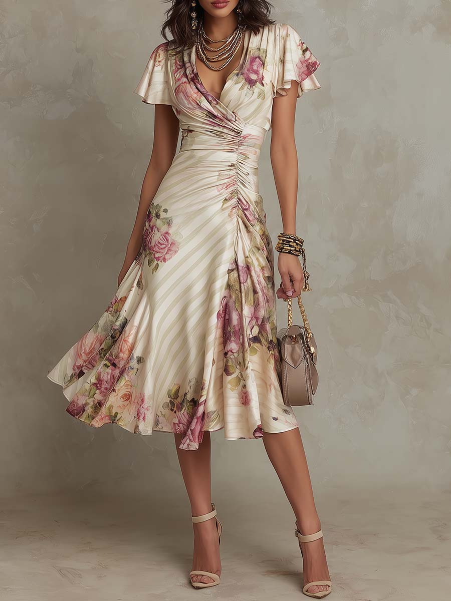 Neomi – Elegancka Satynowa Sukienka w Stylu Retro z Kwiatowym Wzorem