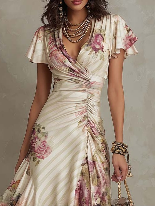 Neomi – Elegancka Satynowa Sukienka w Stylu Retro z Kwiatowym Wzorem