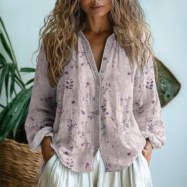 Ereinaa – Elegancka Koszula w Stylu Vintage z Nadrukiem Liści