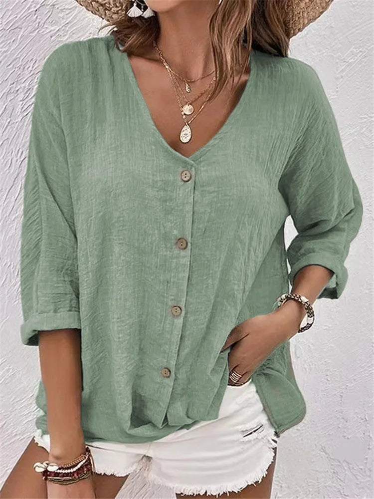 Rosalinda – Letnia lniana Bluzka Zapinana na Guziki