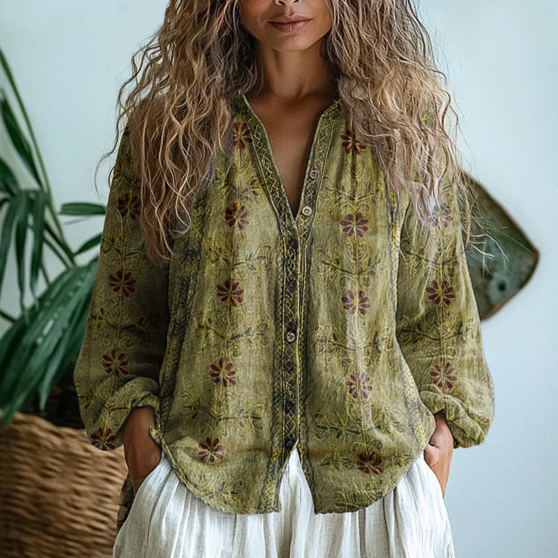 Ereinaa – Elegancka Koszula w Stylu Vintage z Nadrukiem Liści