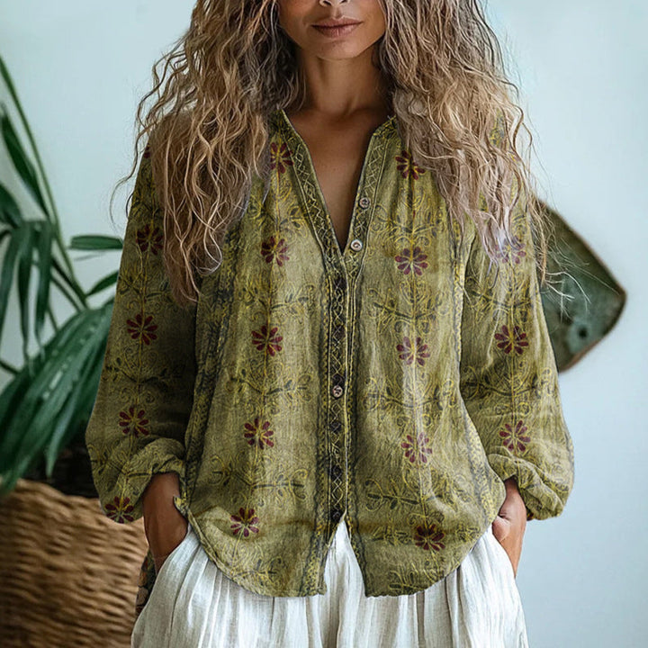 Ereinaa – Elegancka Koszula w Stylu Vintage z Nadrukiem Liści