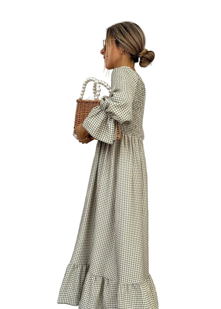 Helenee - Sukienka Maxi W Kratkę Z Okrągłym Dekoltem