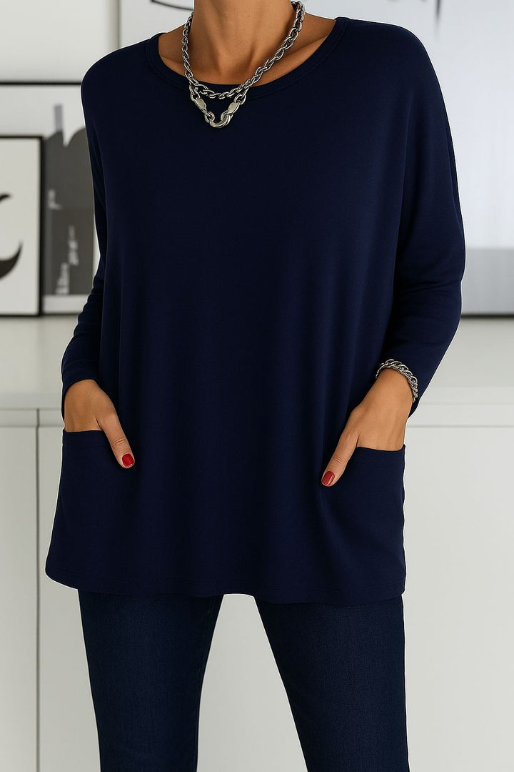 Noryn – Sweter Oversize z Okrągłym Dekoltem i Kieszeniami