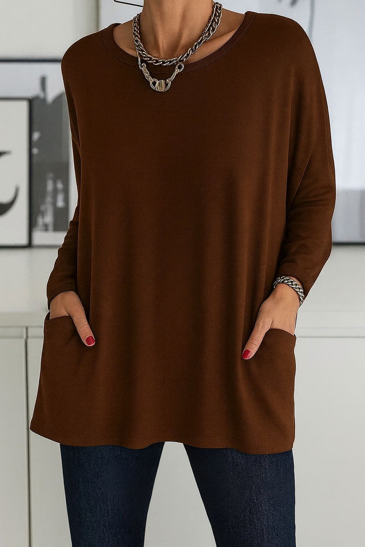 Noryn – Sweter Oversize z Okrągłym Dekoltem i Kieszeniami