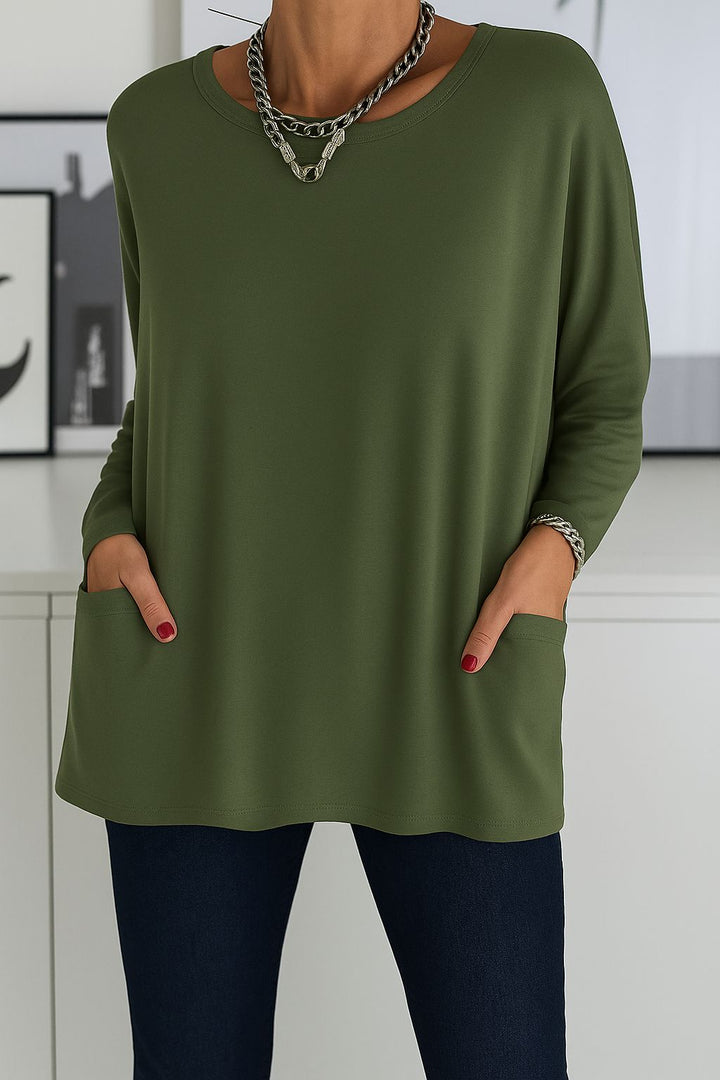 Noryn – Sweter Oversize z Okrągłym Dekoltem i Kieszeniami