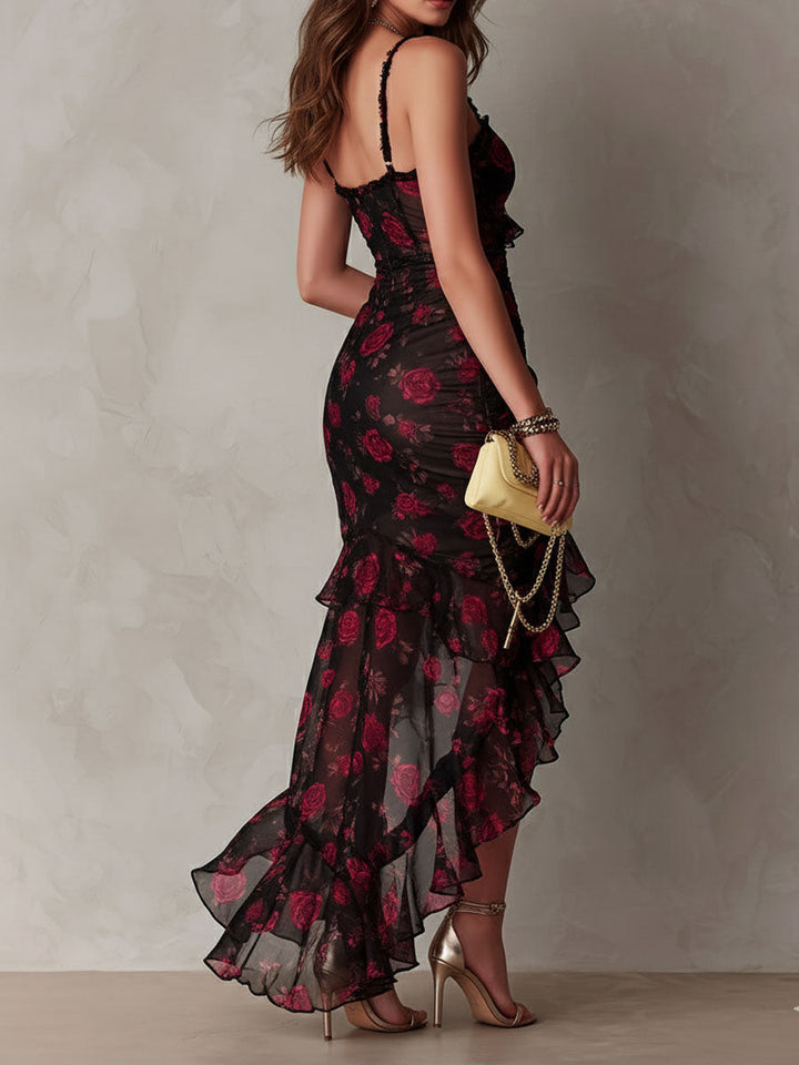 Deyna – Elegancka Sukienka w Kwiaty z Marszczonym Dołem