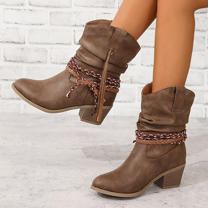 Asenath - Eleganckie Buty Na Grubym Obcasie Z Warkoczowym Wykończeniem
