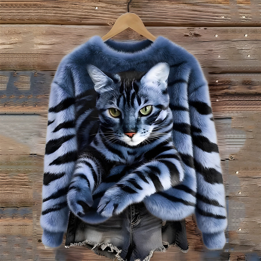 Zohara – Sweter Ze Sztucznego Futra z Nadrukiem Kota