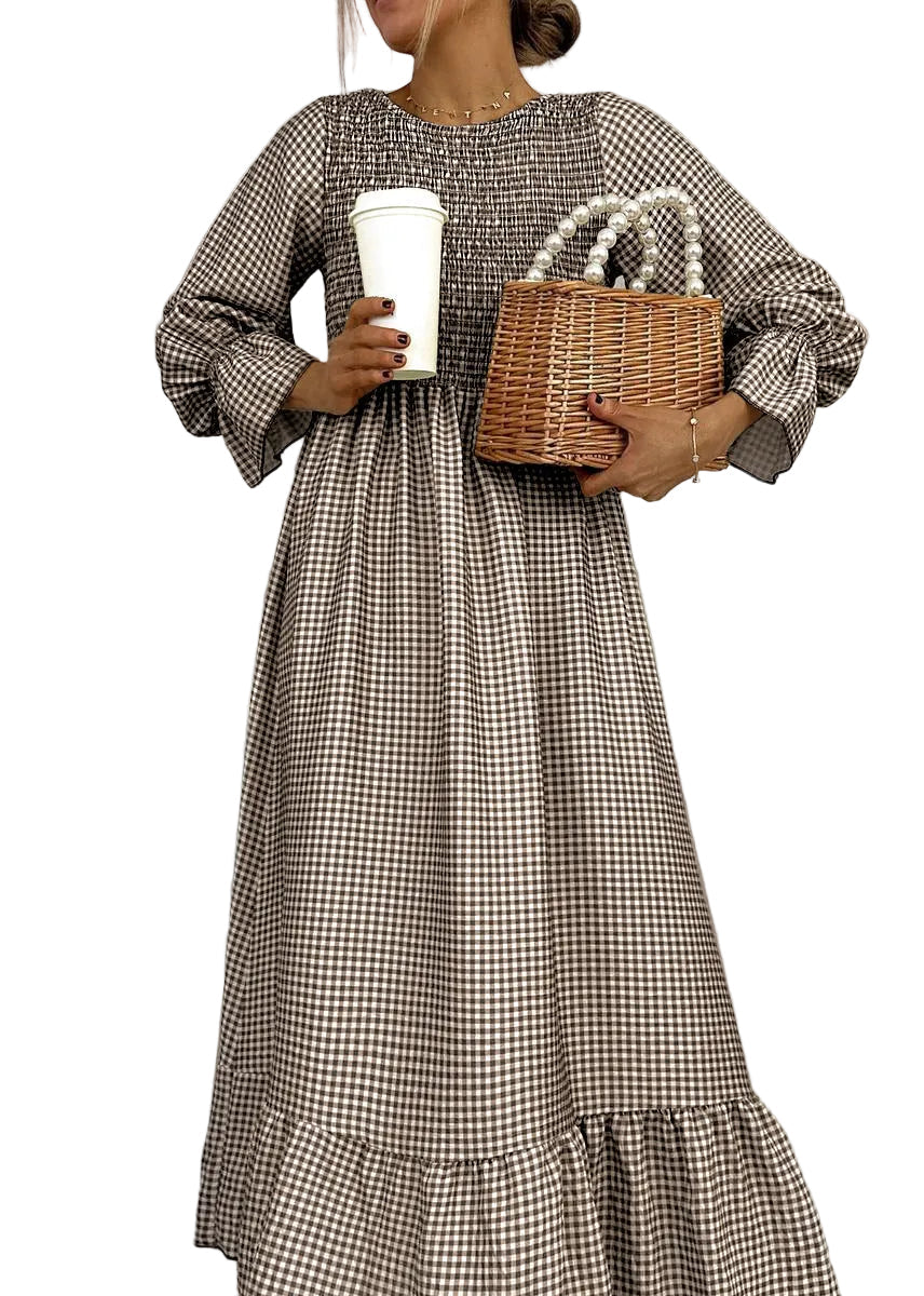 Helenee - Sukienka Maxi W Kratkę Z Okrągłym Dekoltem